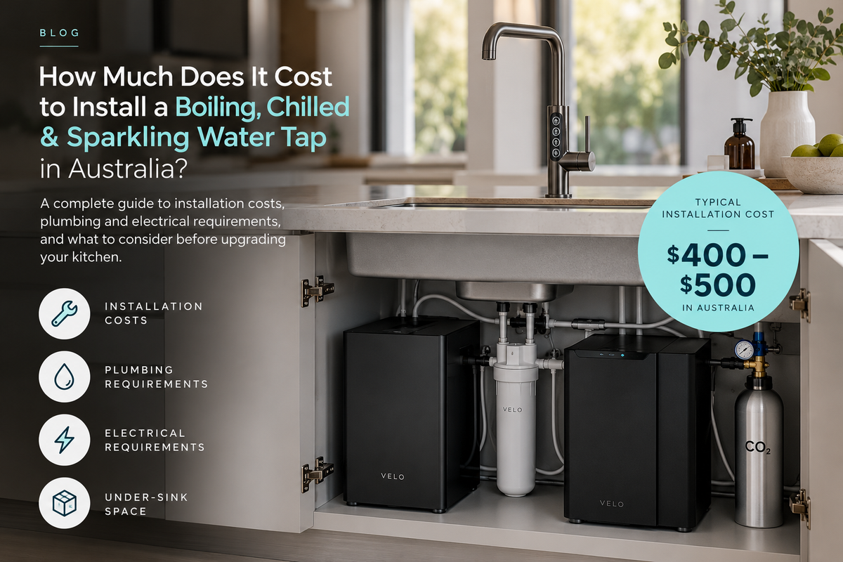 Boiling, chilled and sparkling water tap installed in a modern Australian kitchen, showing under-sink filtration, chiller and CO2 system with typical installation costs of $400–$500.
