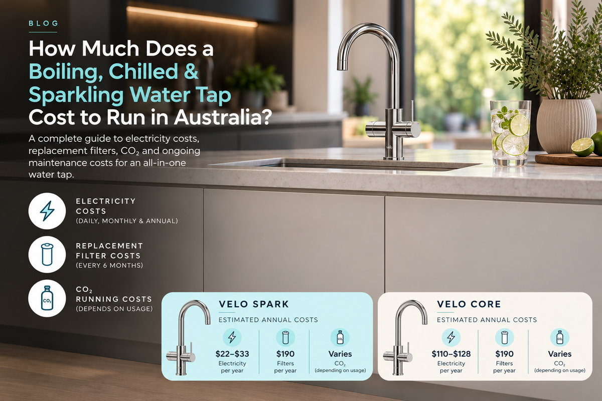 Modern kitchen with multifunction boiling, chilled and sparkling water tap, showing estimated Australian annual electricity and filter replacement costs.